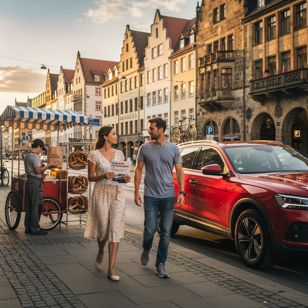 Ein glückliches Paar, das einen Mietwagen abholt und auf die Straße fährt.